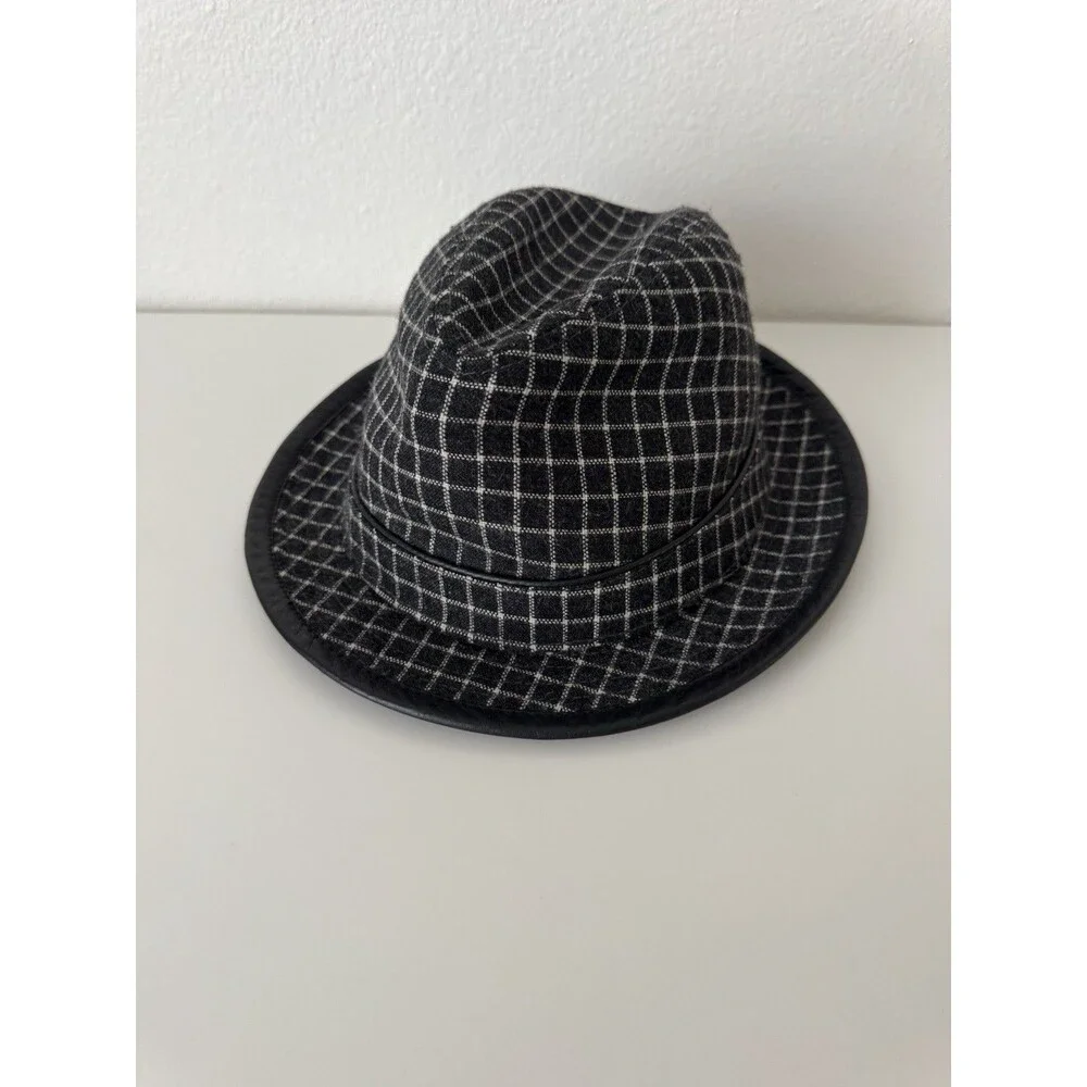 Perry Ellis Fedora Trilby Hat S/M Black Gray Plaid Wool Blend